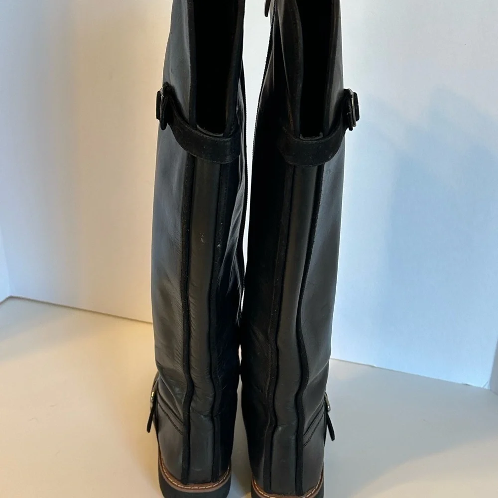 Franco Sarto Black Leather Knee-High Riding Boots with Buckle Sz 5